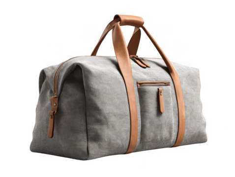 Stylish grey canvas duffle bag with rich brown leather accents isolated on transparent background