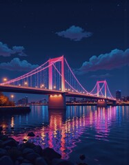 Fototapeta premium Festive lights illuminating a bridge at midnight, creating a vibrant scene