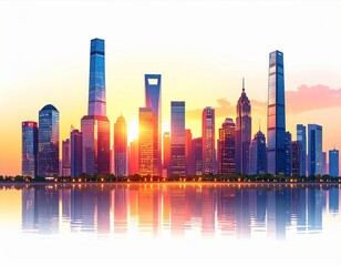 Fototapeta premium Vibrant City Skyline at Sunrise with Water Reflection