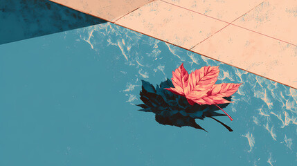 Fototapeta premium fractured iconography. | sharp edge masking | mid-century advertising | brutalist graphics | An illustration of a single leaf floating on water in a minimalist screen print. silkscreen print