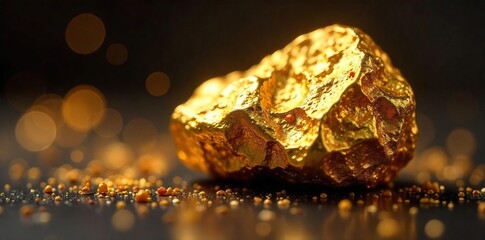 Shimmering Gold Nugget Close-up Revealing Rich Texture and Precious Quality against Dark Background
