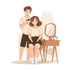 Playful Hairstyling Illustration of a Young Girl Getting Ready