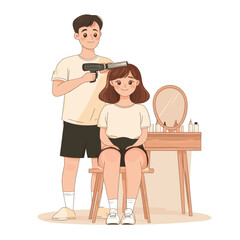 Playful Hairstyling Illustration of a Young Girl Getting Ready