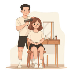 Playful Hairstyling Illustration of a Young Girl Getting Ready