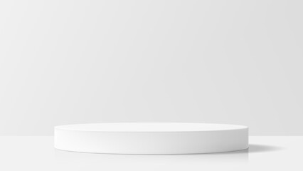 Empty white round podium product display. Pedestal stage for presentation on bright background. Minimalist stand for showcase.