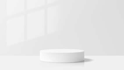 White cylinder podium display with window shadow. Minimal cosmetic product stage. Simple abstract scene for branding promotion.