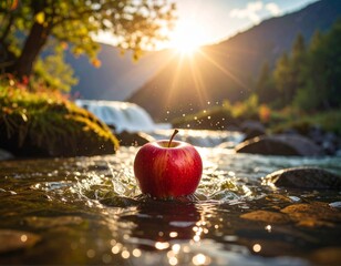 Red Apple Splashing in a Mountain Stream at Sunset