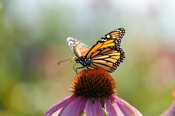 Fototapeta premium A monarch butterfly rests on a purple coneflower