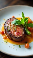 Gourmet Medallions Elegant Lunch Presentation of Seared Meat, Vibrant Vegetables, and Seafood on a White Plate.  Artful Food Styling for Appetising Culinary Photography.