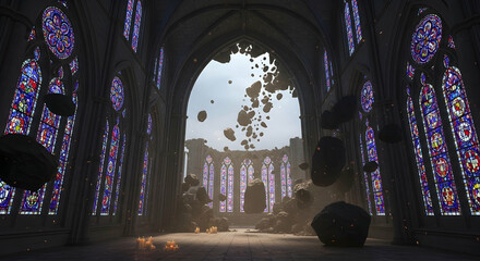 Cathedral Of Ancient Ruins And Floating Stones With Stained Glass Windows
