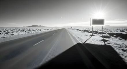 Desert Highway Leads To Bright Horizon Under Scorching Sun And Empty Billboard