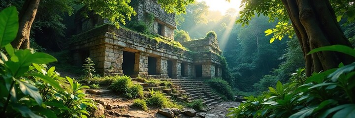 Explore the Enigmatic Mayan Ruins Sunlight Dapples through Lush Jungle Canopy onto Crumbling Stone Structures, Revealing a Lost Civilizations Mysteries.