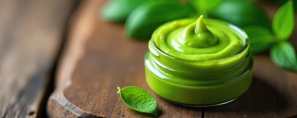 Soothing Green Herbal Ointment for Injured Skin Close-up of Natural Healing Remedy on Rustic Wood