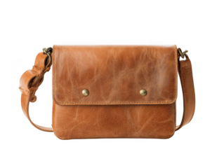 Classic brown leather messenger bag with brass studs and adjustable strap isolated on transparent background