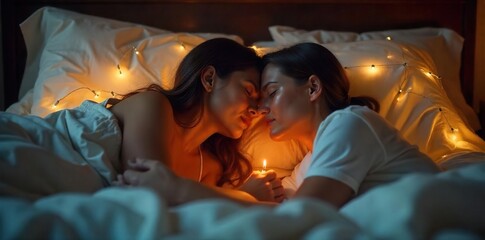 Celebrate Your Sleep Anniversary Cozy Couple Cuddle in Bed, Sharing Intimate Moments and Sweet Dreams Together. Perfect for Relationship Milestone Celebrations.