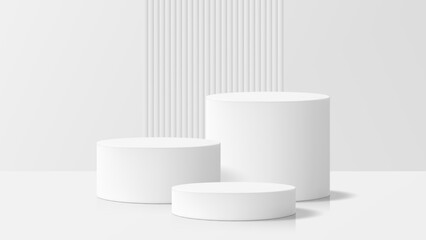White product podium mockup with three cylinder pedestals. Modern empty stage for cosmetic display or architectural presentation.