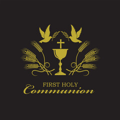 golden holy communion icon with chalice and wheat isolated on white background