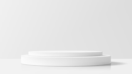 Two tiered white round podium for product display. Minimalist stage for showcase or studio backdrop. Empty stand for exhibition.