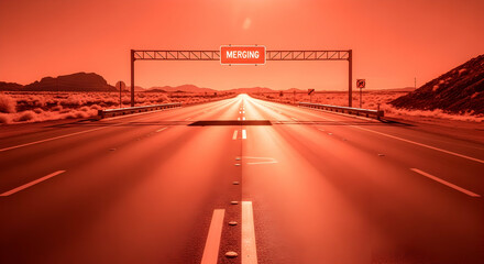 Desert Highway Under Merging Sign In Saturated Red Filter Aesthetic