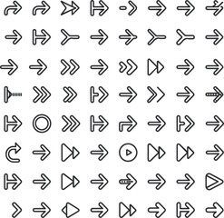 Collection of various black outline arrow icons on white background direction symbol
