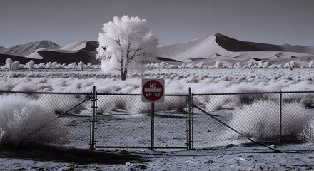 Desert Landscape With Boundary Fence And Warning Sign In Black And White