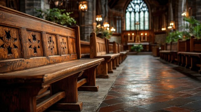 In a historic church, wooden benches are arranged along a tranquil aisle. Soft candlelight creates a peaceful atmosphere as sunlight filters through stained glass windows.