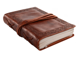 Antique leather bound journal with intricate celtic knot embossing and leather strap isolated on transparent background