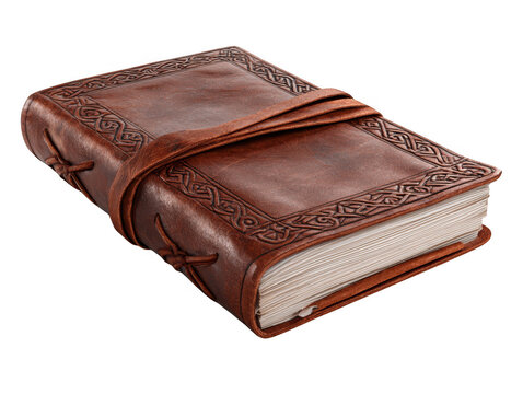 Antique leather bound journal with intricate celtic knot embossing and leather strap isolated on transparent background