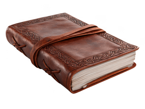 Antique leather bound journal with intricate celtic knot embossing and leather strap isolated on transparent background - Powered by Adobe