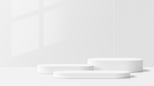 White product podium mockup with three shapes on a table, including oval and cylinder. Retail display for exhibition.