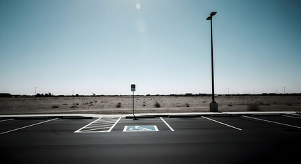 Desert Parking Lot Under A Wide Azure Sky With A Marked Handicapped Space