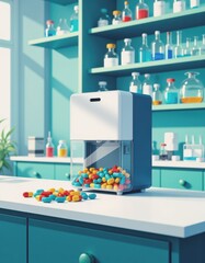 Modern pill dispenser in a pharmacy lab with colorful pills scattered
