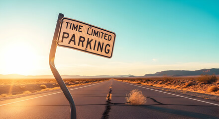 Desert Road With Time Limited Parking Sign Under Clear Sky At Sunset