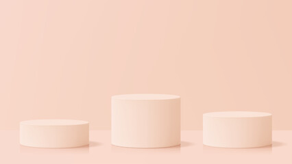 Set of three pink cylindrical product podiums. Empty display stand for product presentation advertisement and brand show.