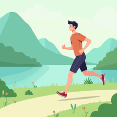 Obraz premium Young man jogging by the lake, energetic mood, beautiful landscape, copy space