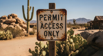 Desert Vista With Bullet-Ridden Access Sign And Distant Building On Sunny Day