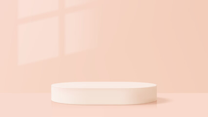 Empty cylinder stage presentation in soft peach room with window shadow display. Pink pedestal stand for product showcase or beauty brand.