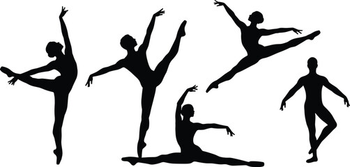 Ballet dancer silhouettes cad drawing flat vector illustration, five elegant poses showcasing flexibility, dance posture collection, front view composition