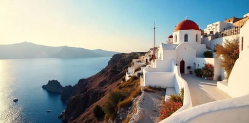 Serene Aegean Monastery Golden Sunlight Bathes Cliffside Greek Retreat