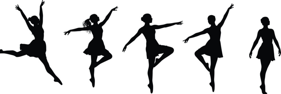Ballet dancer sketch cad drawing flat vector illustration, five graceful female silhouettes in pose, front view elegant motion layout