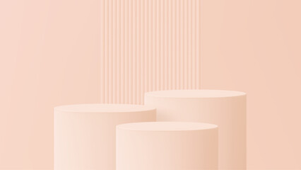 Product presentation stage with three cylinder pedestals. Empty podiums for display of cosmetic or advertising items. Pastel color.