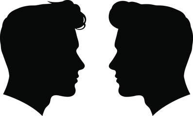 Face to face cad drawing flat vector illustration, two human profile silhouettes with distinct hairstyles, black ink portrait layout