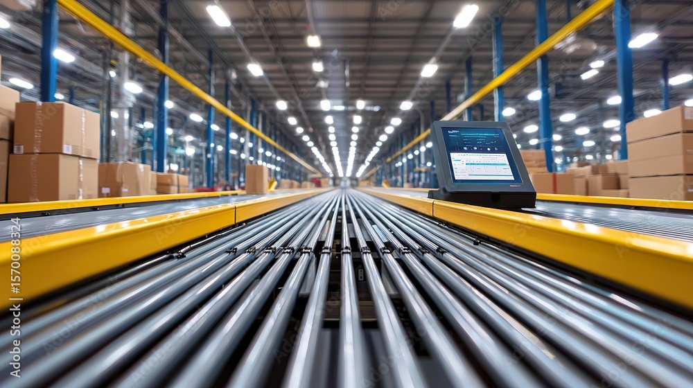 Fototapete a logistics hub with ai-controlled robots sorting packages on conveyor belts, overhead lights creati