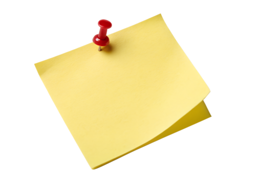 Yellow sticky note attached with a red push pin isolated on transparent background