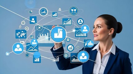 Professional businesswoman interacts with virtual analytics, graphs and data visualization on a screen, exploring future trends. - Powered by Adobe