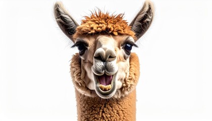Obraz premium Smiling Brown Alpaca Portrait Against White Background