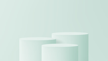 Three empty cylinder product podiums in light green. Product display stage for cosmetic presentation. Modern minimalist showcase for marketing.