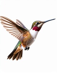 Fototapeta premium A Vivid Hummingbird in Flight Against a White Background