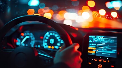 A modern AI-powered car dashboard displaying real-time traffic predictions, lane assist interface, and voice navigation, detailed interior with ambient lights