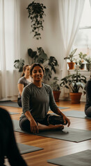 South Asian woman with prosthetic leg during group yoga class